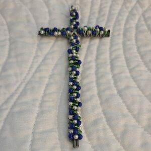 Hand Beaded Cross Pendant with Blue and Green Accents